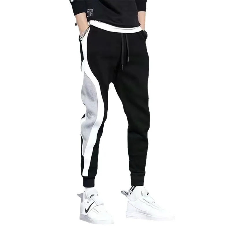 Men’s Sports Pants, Spring Autumn Loose-Fitting Leggings, Patchwork Running & Training Casual Pants, Fashion Outfit Trousers