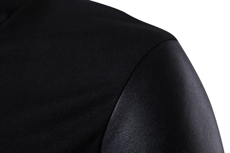 Men’s Fashion Jacket, Spring Stand-Up Neck Slim Fit, Knitted Shirt Panel with Leather Details, Stylish Casual Outerwear