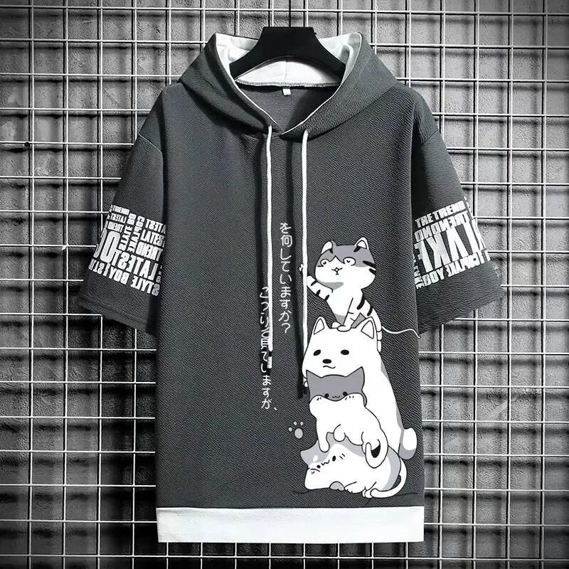 Men’s Summer Hoodie, Japan Fashion Cartoon Print, Casual Harajuku Streetwear, Short Sleeve Hooded Top Sweatshirt
