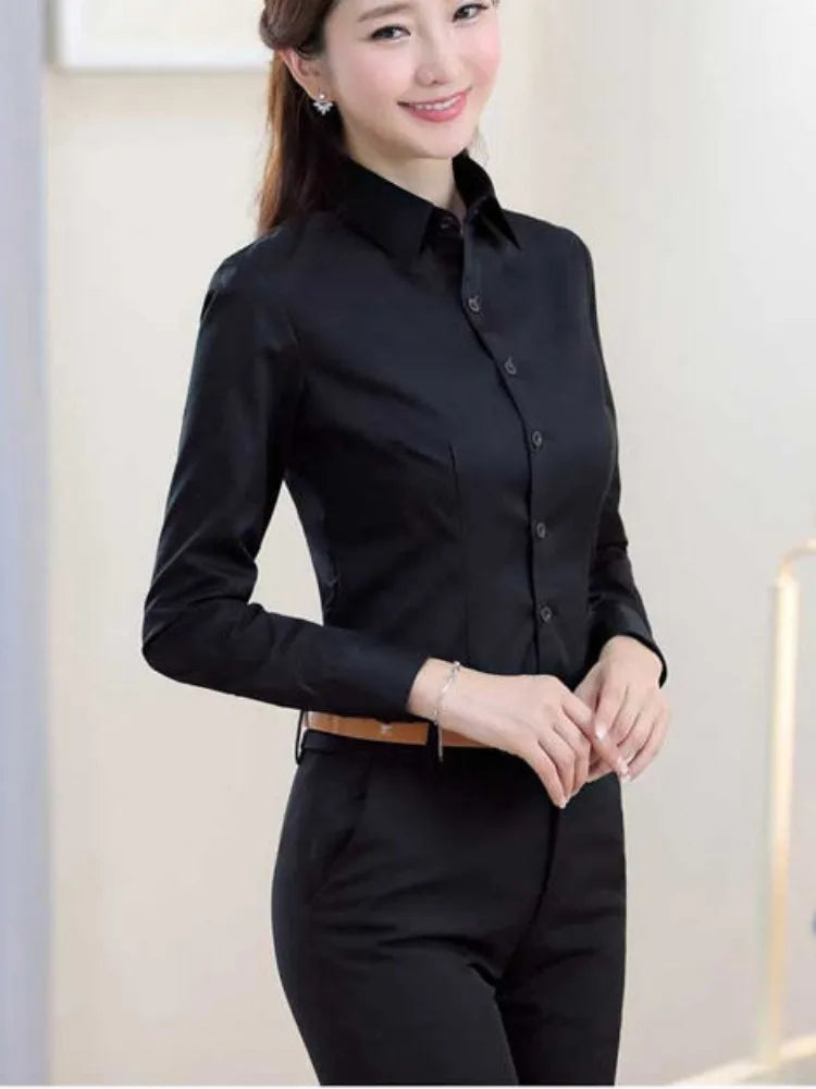 Women’s White Long-Sleeve Shirt, Formal Work Top, Professional Office Blouse, Plus Size