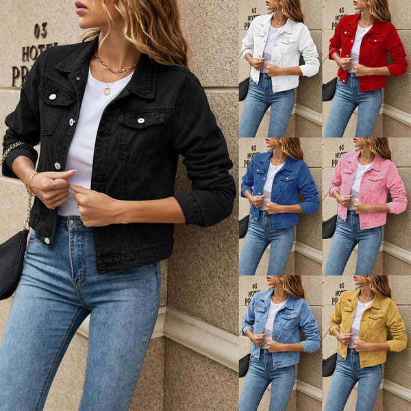 Women’s Denim Jacket, Fashion Casual Long Sleeve Lapel, Solid Button-Down, Slim Fit Jean Jacket, Fall Winter Coat