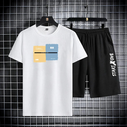 Men’s Trendy Summer Suit, Short Sleeve Tee and Shorts Set, 2-Piece Casual Gym Outfi