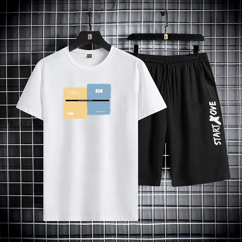 Men’s Trendy Summer Suit, Short Sleeve Tee and Shorts Set, 2-Piece Casual Gym Outfit, Student Tracksuit
