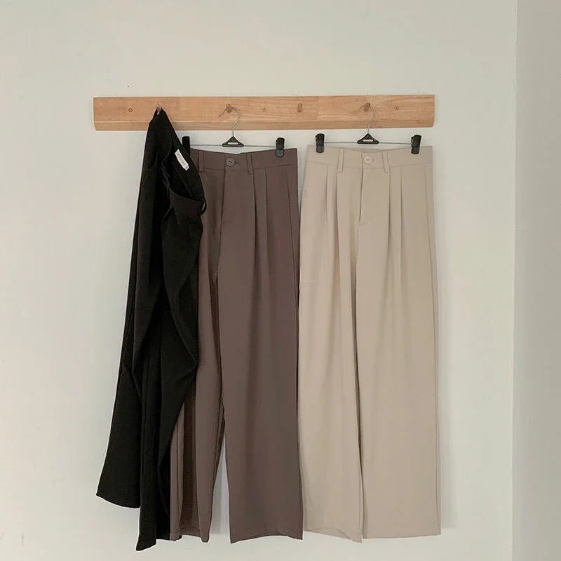 High Waist Women’s Suit Pants, Fall Straight Office Trousers, Korean Fashion Casual Button Loose Female Black Pants
