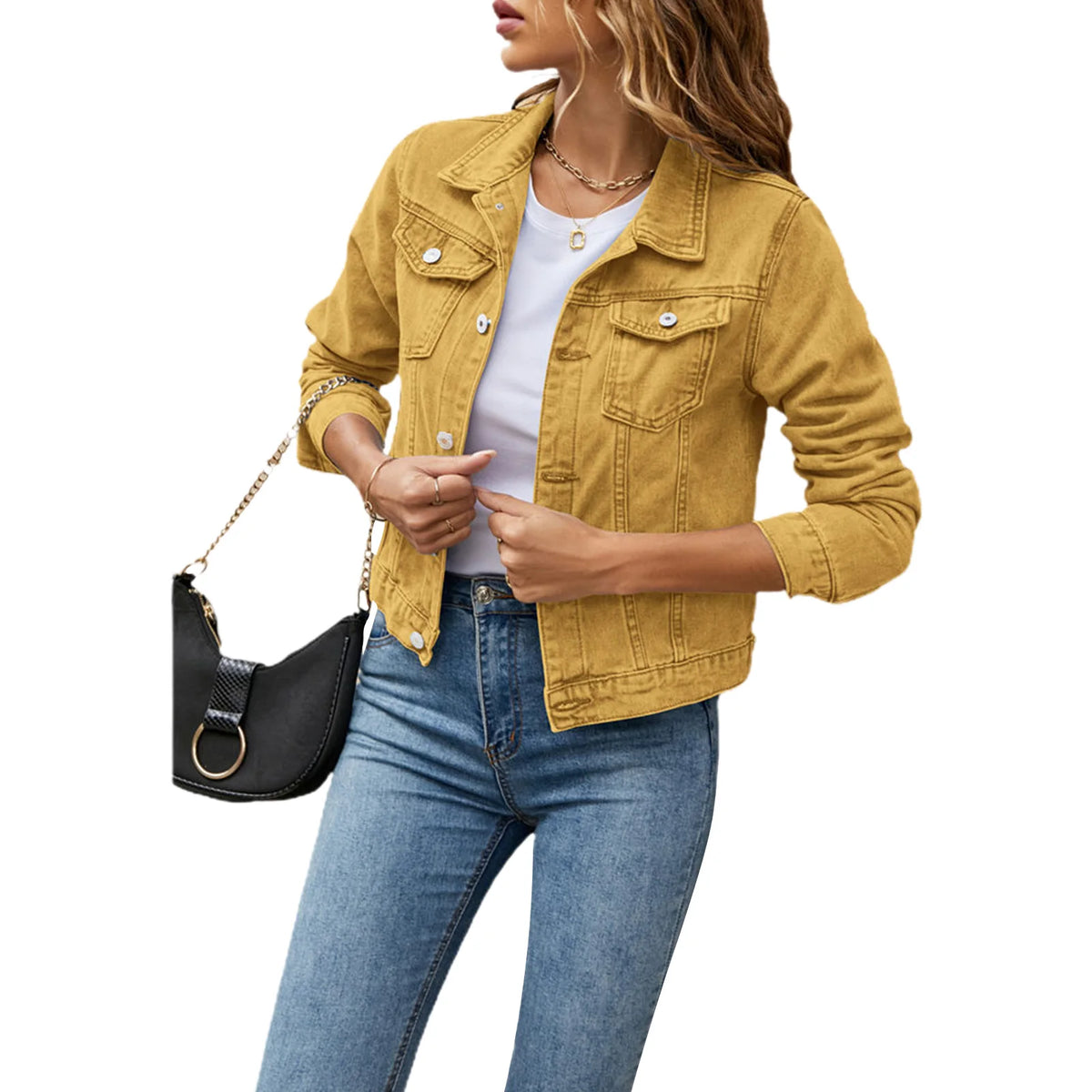 Women’s Denim Jacket, Casual Slim Fit Jean Jacket, Long Sleeve, Lapel Button-Down, Fall Winter Coat