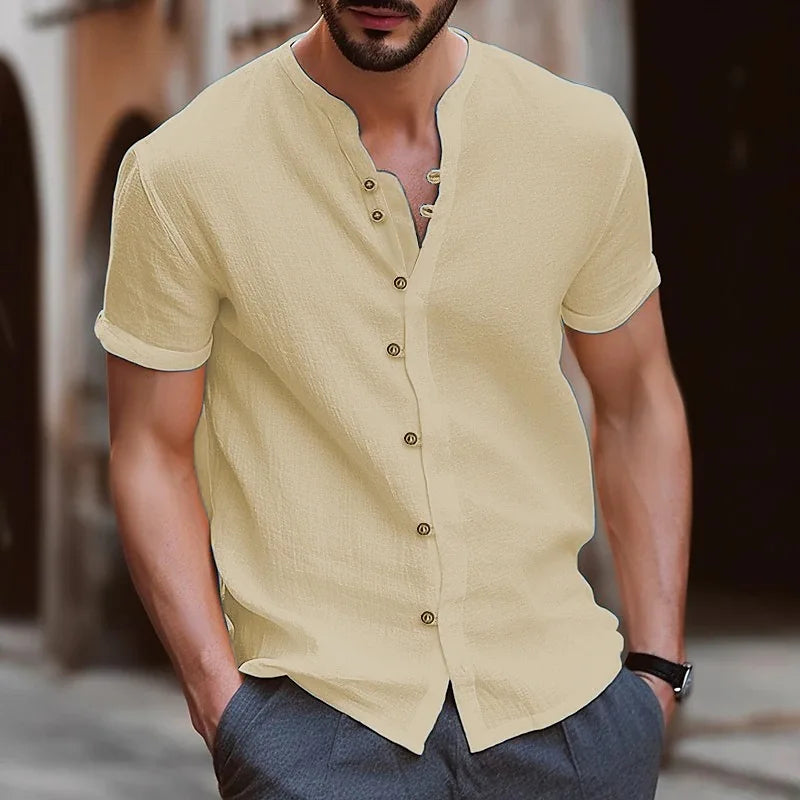Men’s Casual Retro Cotton Linen Short-Sleeve Shirt, Stand Collar, Solid Color, US Sizes