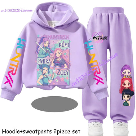 Kid Cloth KPop Demon Hunters Children's Hoodie Set with Boys' Casual Sports Shirt and Two Tone Girls' Soft and Comfortable Pants