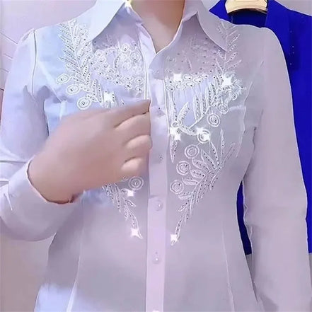 Women’s White, Red & Blue Shirt, Rhinestone Embroidery, Stylish Spring Summer Autumn Blouse