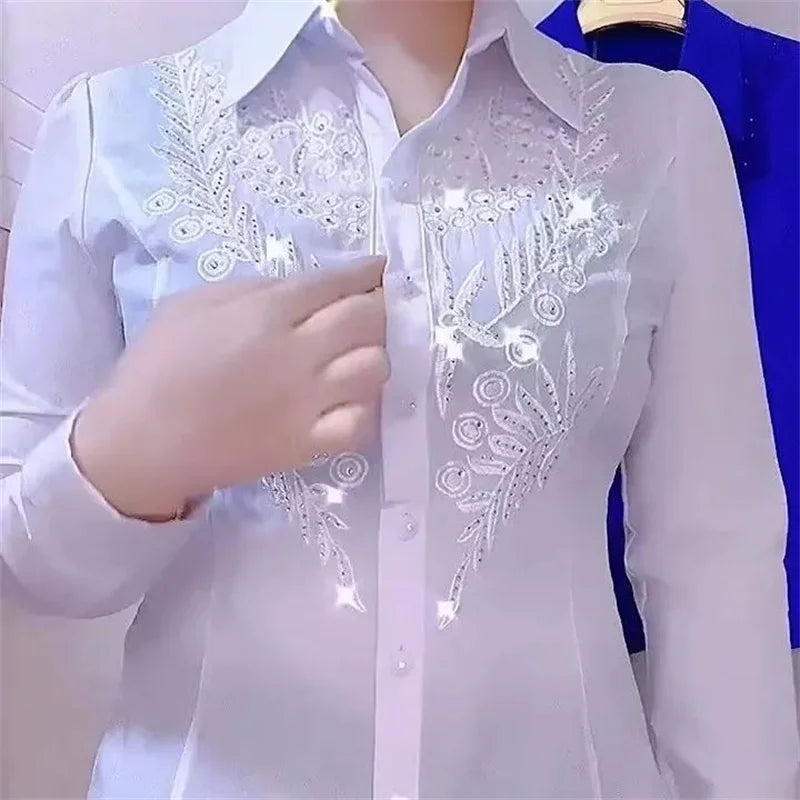Women’s White, Red & Blue Shirt, Rhinestone Embroidery, Stylish Spring Summer Autumn Blouse