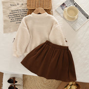Khaki Fashion Autumn Winter New 3-7 Year Old Girls' Round Neck Long Sleeve Bow Top+pleated Skirt Two Piece Set Korean Version