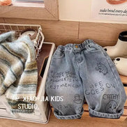 2025 Spring Autumn Kid Boys Denim Pants Side Pocket Polished White Children Boys Pants Elastic Waist Casual Baby Boys Trousers