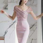 Women’s Sparkly Sequin Evening Dress – Elegant Off-Shoulder Backless Midi Party Prom Vestido