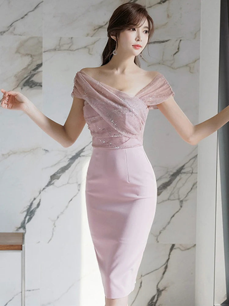 Women’s Sparkly Sequin Evening Dress – Elegant Off-Shoulder Backless Midi Party Prom Vestido