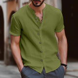 Fashion Men's Casual Shirt Retro Button Cotton Linen Solid Color Short-sleeved Stand-up Collar Shirt Top Men's clothing US SIZE