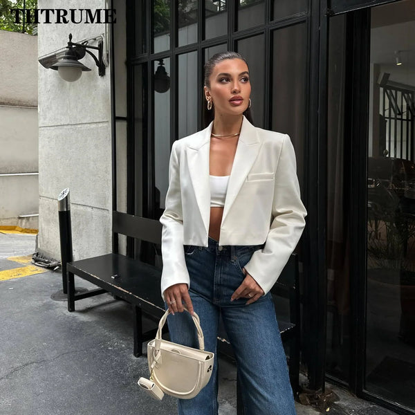 Women’s White Basic Jacket, Elegant Solid Long Sleeve Top, Autumn Winter Open Front Coat, Casual Short Office Outerwear