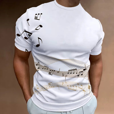 Men’s Fashion T-Shirt, 3D Musical Notation Print, Summer Casual Streetwear Top