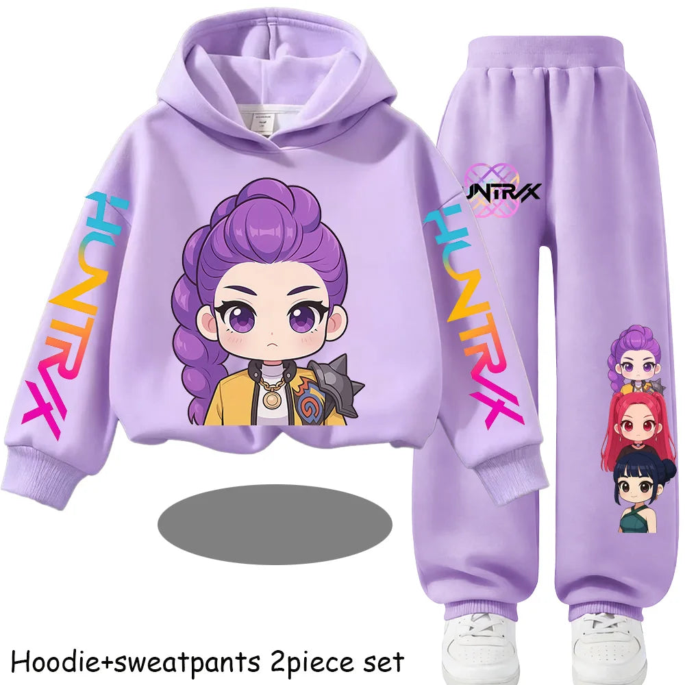 Kid Cloth KPop Demon Hunters Children's Hoodie Set with Boys' Casual Sports Shirt and Two Tone Girls' Soft and Comfortable Pants