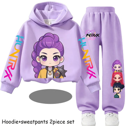Kid Cloth KPop Demon Hunters Children's Hoodie Set with Boys' Casual Sports Shirt and Two Tone Girls' Soft and Comfortable Pants