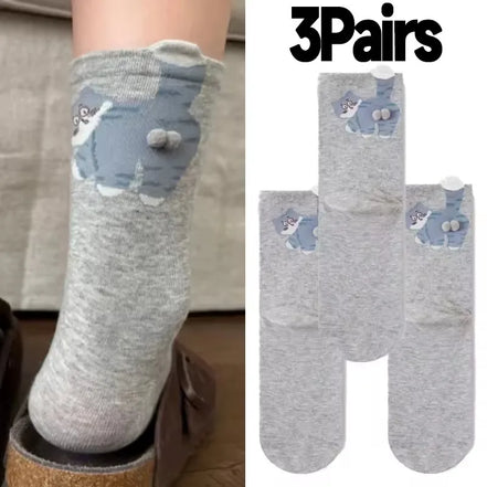 3D Cute Cat Socks Black/White Funny Cat Cotton Socks Breathable Soft Girl Women Novelty Stocking Kawaii Gift Sock Set
