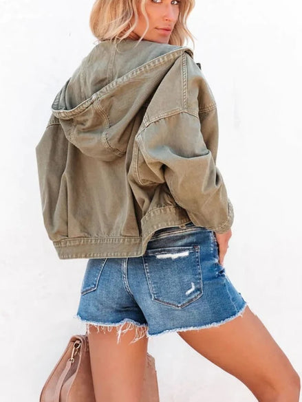 Women’s Hooded Denim Jacket, Vintage Casual Jean Coat, Trendy Long Sleeve Streetwear