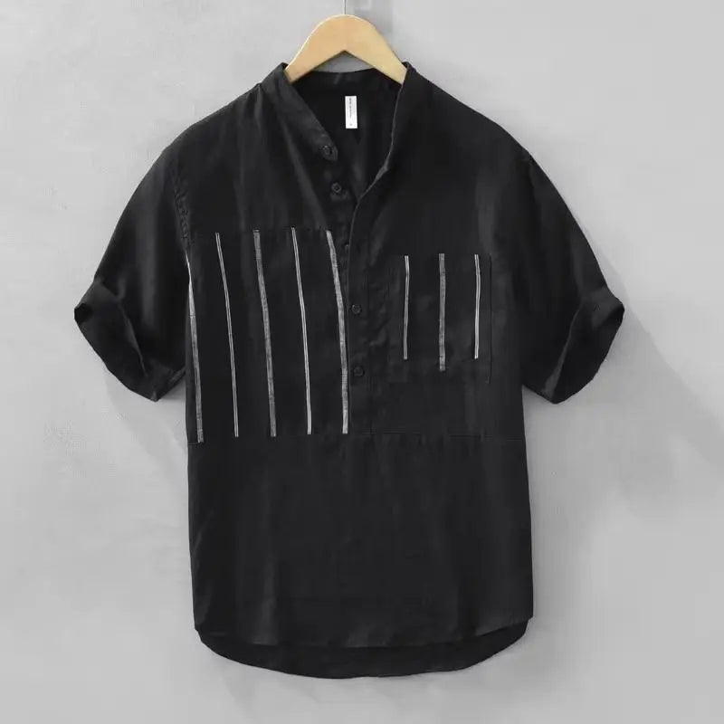 Men’s Summer Short-Sleeve Striped Shirt, Stand Collar, Casual Trendy Versatile Top