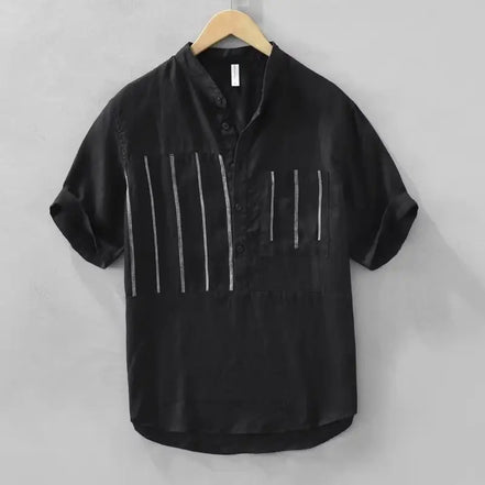Men’s Summer Short-Sleeve Striped Shirt, Stand Collar, Casual Trendy Versatile Top