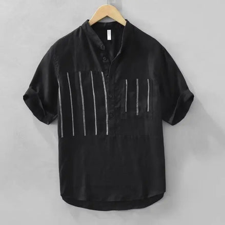 Men’s Summer Short-Sleeve Striped Shirt, Stand Collar, Casual Trendy Versatile Top