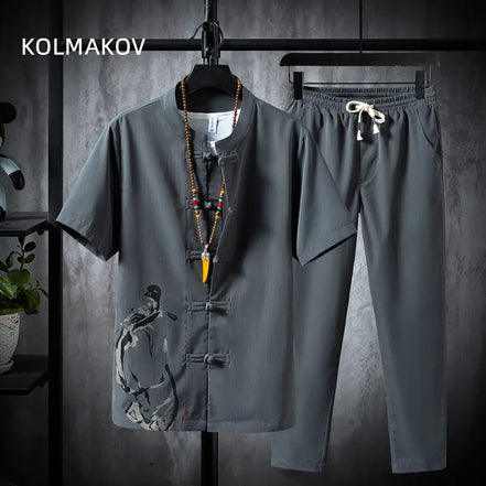 Men’s Summer Shirt & Trousers Set, Cotton Linen, Casual Two-Piece, Sizes M–5XL