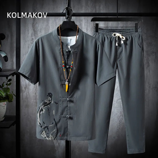 (Shirt + Trousers) Summer Fashion Men’s Shirt, Cotton and Linen, High-Quality Casual Two-Piece Set, Sizes M–5XL