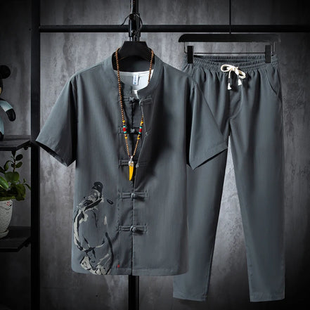 Men’s Summer Shirt & Trousers Set, Cotton Linen, Casual Two-Piece, Sizes M–5XL
