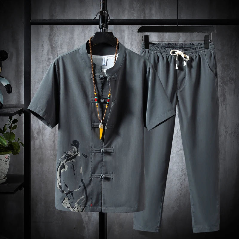 (Shirt + Trousers) Summer Fashion Men’s Shirt, Cotton and Linen, High-Quality Casual Two-Piece Set, Sizes M–5XL