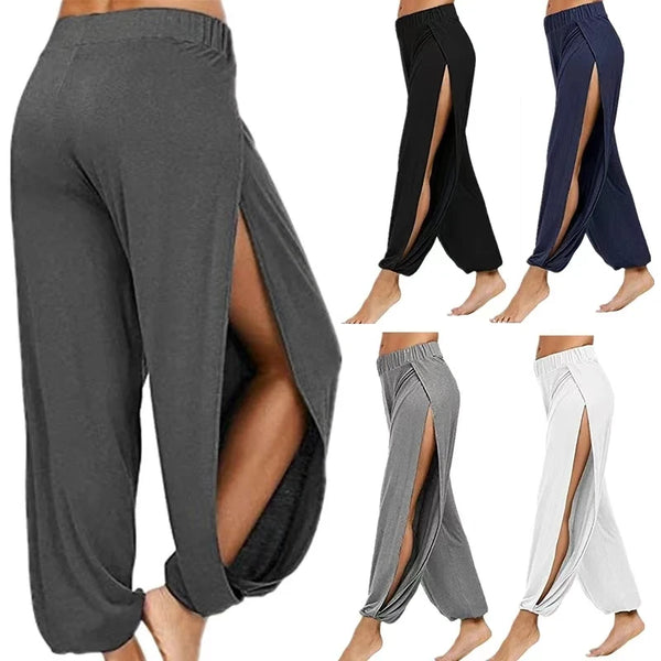 Women’s Fashion Yoga Pants, High-Waisted Slit Wide Leg Harun Pants, Gym Leggings, Casual Solid Hollow Workout Trousers, Gym & Home Wear