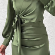 Women’s Autumn Satin Dress – Elegant Long Sleeve, Round Neck, Slim Fit Party Wear