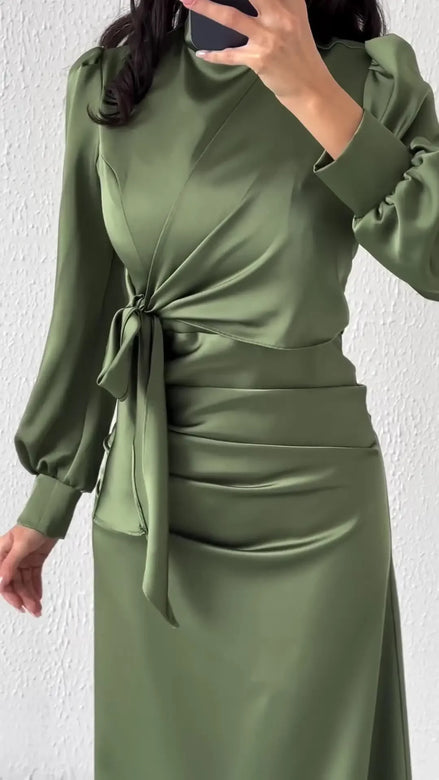 Women’s Autumn Satin Dress – Elegant Long Sleeve, Round Neck, Slim Fit Party Wear
