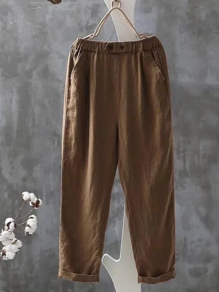 Women’s Elegant High-Waist Pants – Cotton Linen, Casual Loose Fit Long Trousers