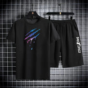 Men’s Trendy Summer Suit, Short Sleeve Tee and Shorts Set, 2-Piece Casual Gym Outfi