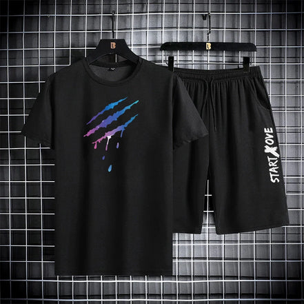 Men’s Trendy Summer Suit, Short Sleeve Tee and Shorts Set, 2-Piece Casual Gym Outfi