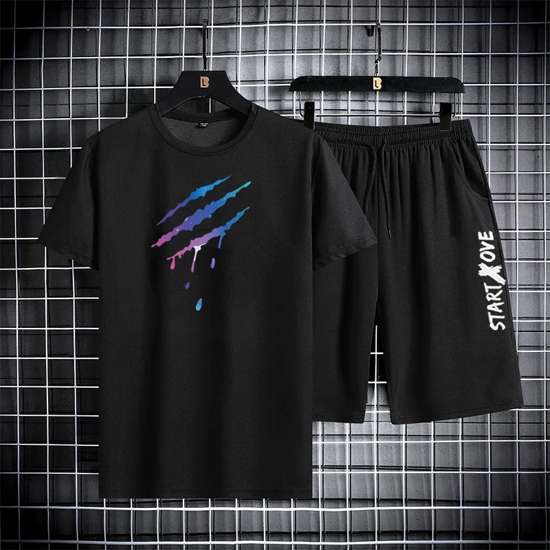 Men’s Trendy Summer Suit, Short Sleeve Tee and Shorts Set, 2-Piece Casual Gym Outfit, Student Tracksuit