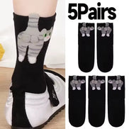 3D Cute Cat Socks Black/White Funny Cat Cotton Socks Breathable Soft Girl Women Novelty Stocking Kawaii Gift Sock Set