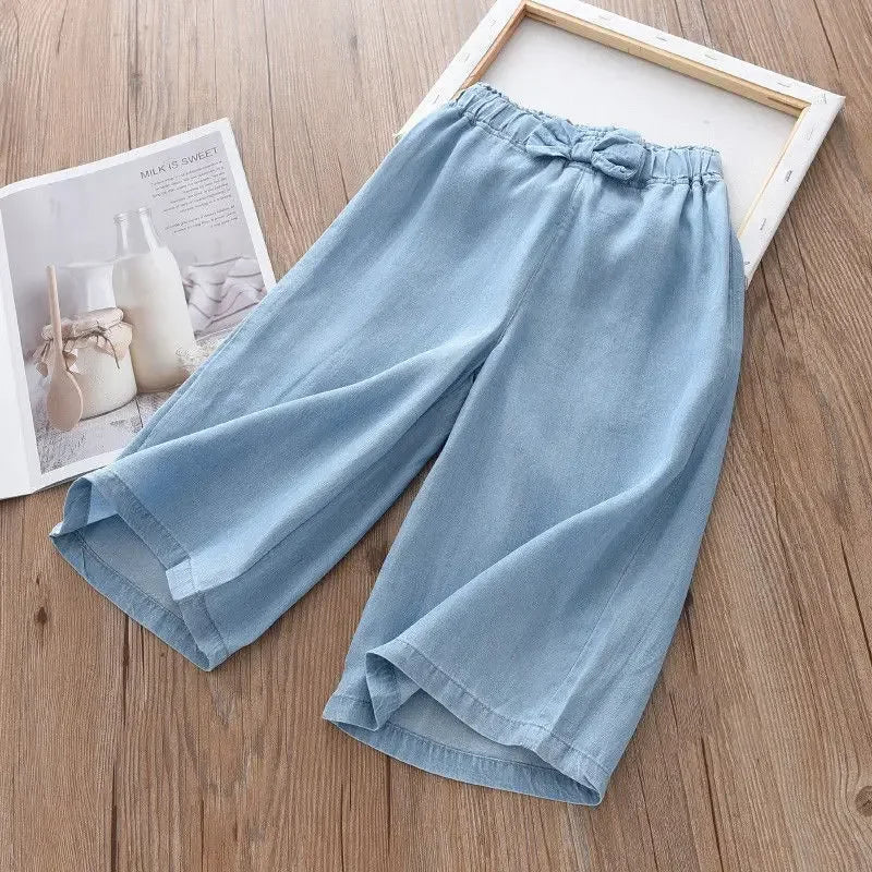 New Fashion Children’s Wide Leg Pants, Summer Casual Thin Chiffon Cropped Trousers for Teen Girls, Sizes 2–10 Years