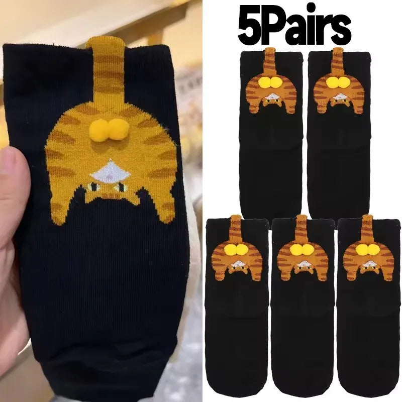 3D Cute Cat Socks Black/White Funny Cat Cotton Socks Breathable Soft Girl Women Novelty Stocking Kawaii Gift Sock Set