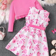 Children's clothing girl autumn fashion casual pink floral dress set 2-piece set - pink round neck vest+pink floral skirt