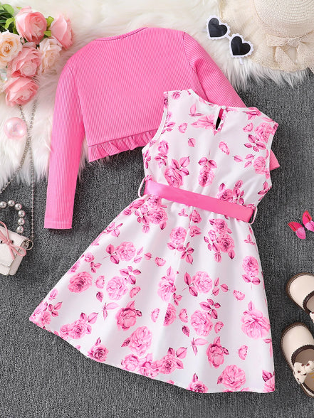 Children's clothing girl autumn fashion casual pink floral dress set 2-piece set - pink round neck vest+pink floral skirt