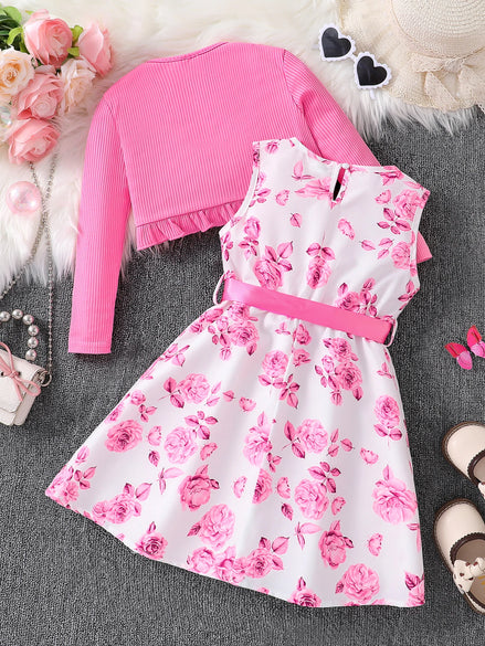 Children's clothing girl autumn fashion casual pink floral dress set 2-piece set - pink round neck vest+pink floral skirt