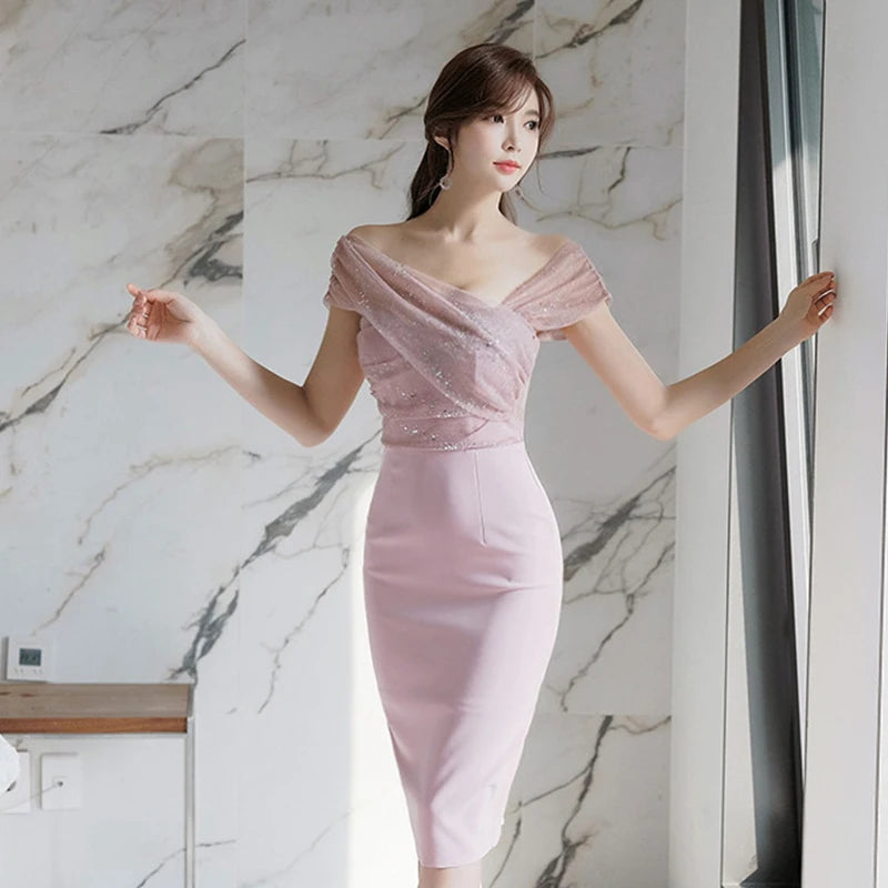 Women’s Sparkly Sequin Evening Dress – Elegant Off-Shoulder Backless Midi Party Prom Vestido