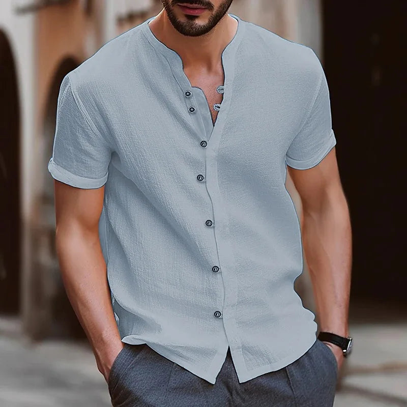 Men’s Casual Retro Cotton Linen Short-Sleeve Shirt, Stand Collar, Solid Color, US Sizes