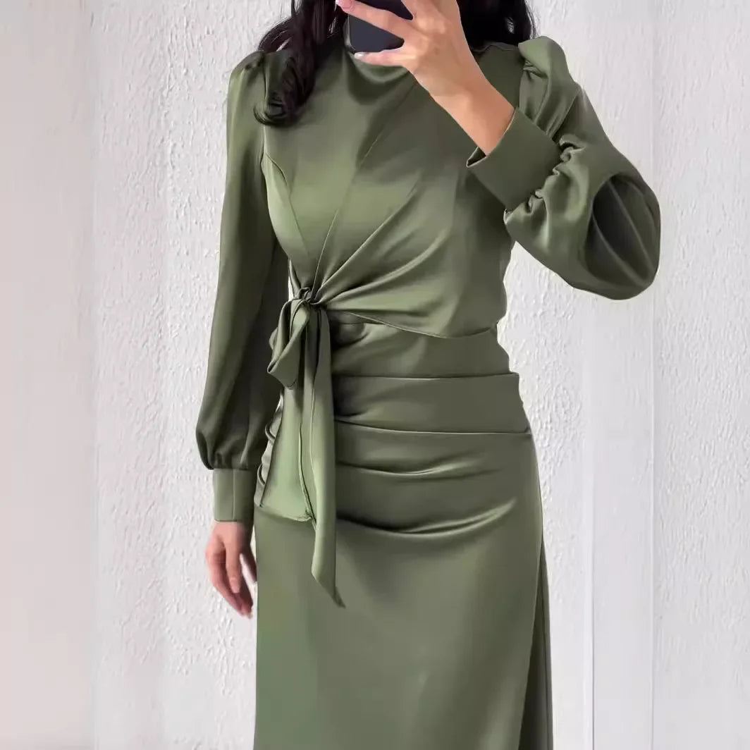 Women’s Autumn Satin Dress – Elegant Long Sleeve, Round Neck, Slim Fit Party Wear