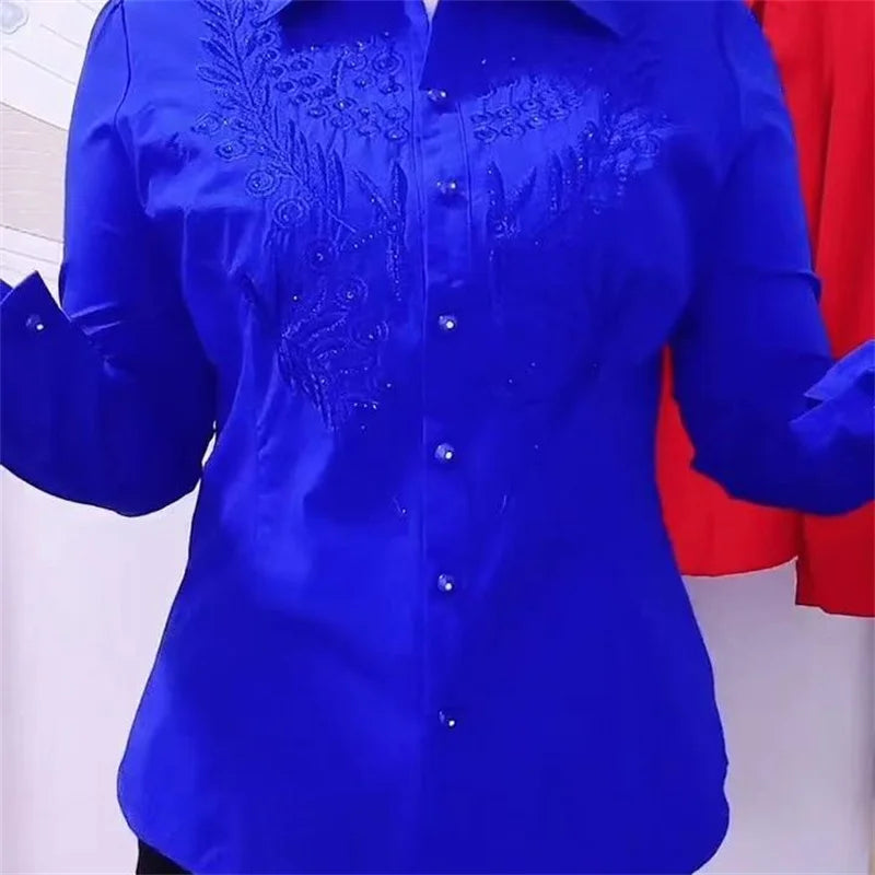 Women’s White, Red & Blue Shirt, Rhinestone Embroidery, Stylish Spring Summer Autumn Blouse