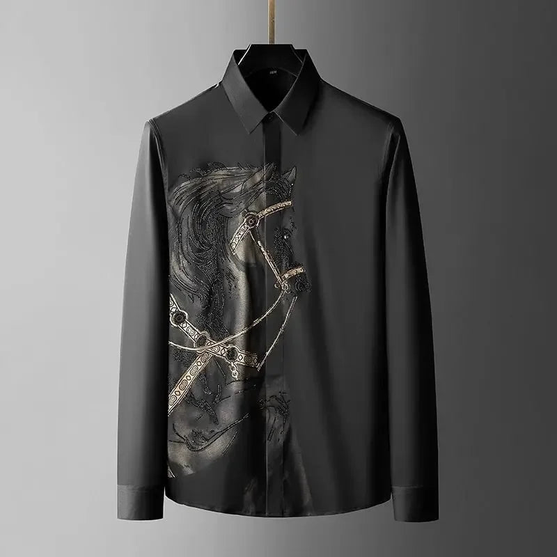 Men’s Long-Sleeve Printed Shirt, Fashionable Button-Up, Hipster Style, Elegant Casual Luxury Top