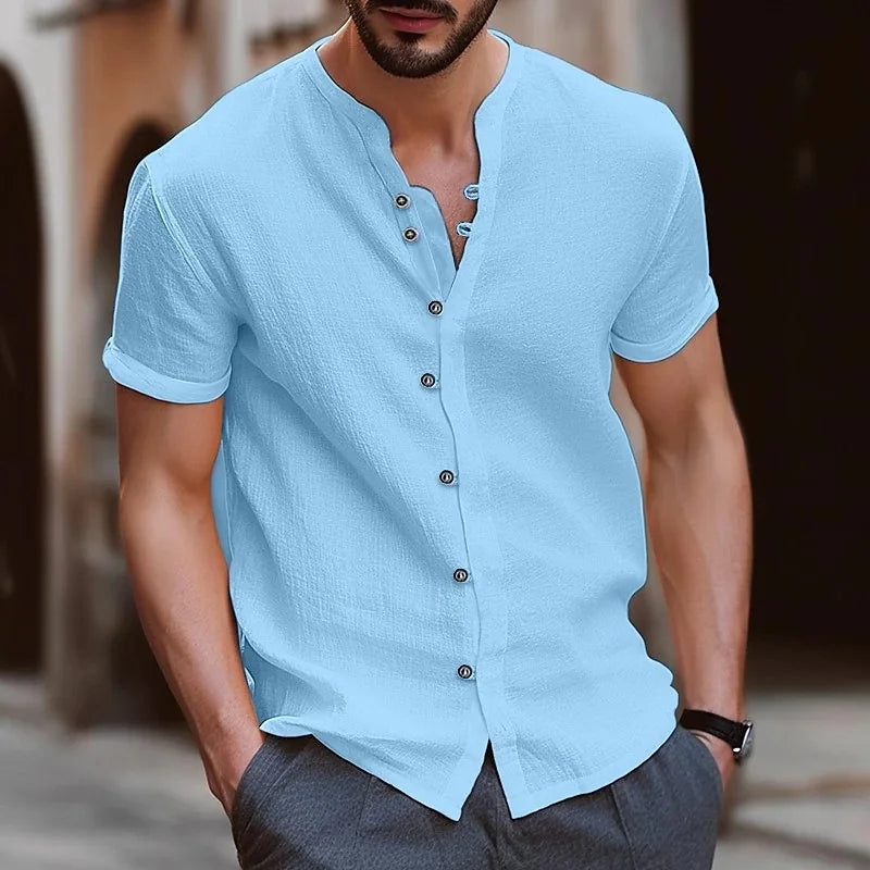 Men’s Casual Retro Cotton Linen Short-Sleeve Shirt, Stand Collar, Solid Color, US Sizes
